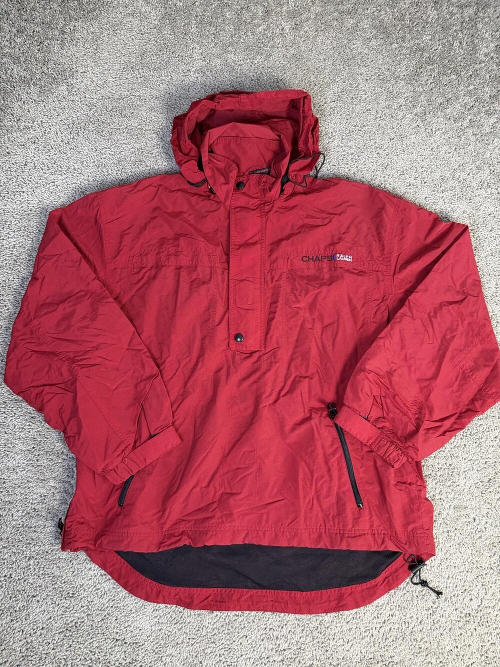 Chaps Ralph Lauren Jacket Mens L Red Anorak Hooded Lined Zipped Pockets VTG